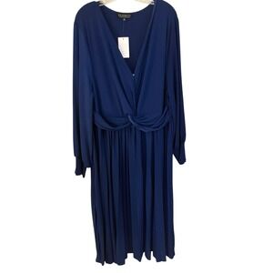 NWT ELOQUI Plus 26 Blue Slimming Midi Knot Front Pleated Skirt Long Sleeve Dress